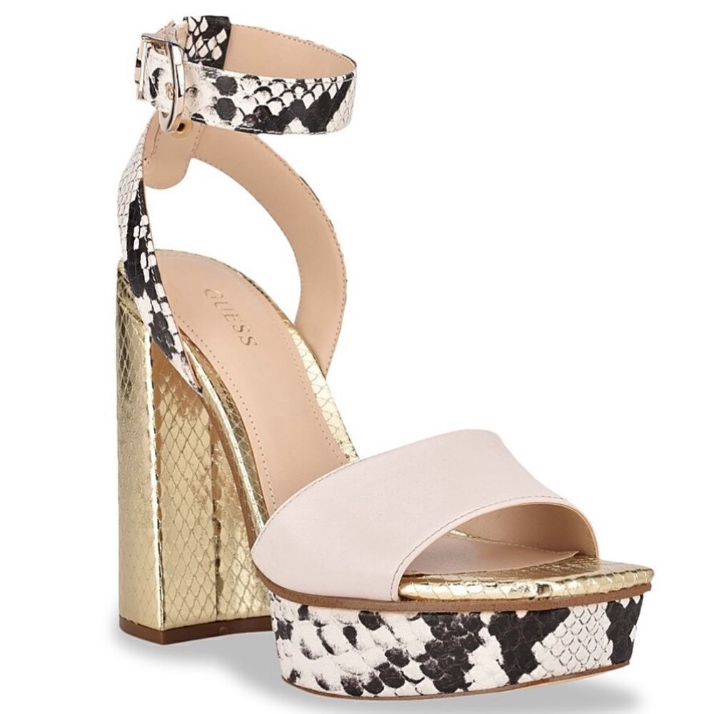 Guess Rippa Python & Gold Platform Strappy Heels … - image 3
